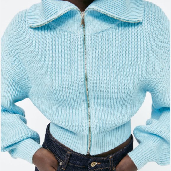 Zara Blue Balloon Sleeve Knit Cardigan - Picture 2 of 9